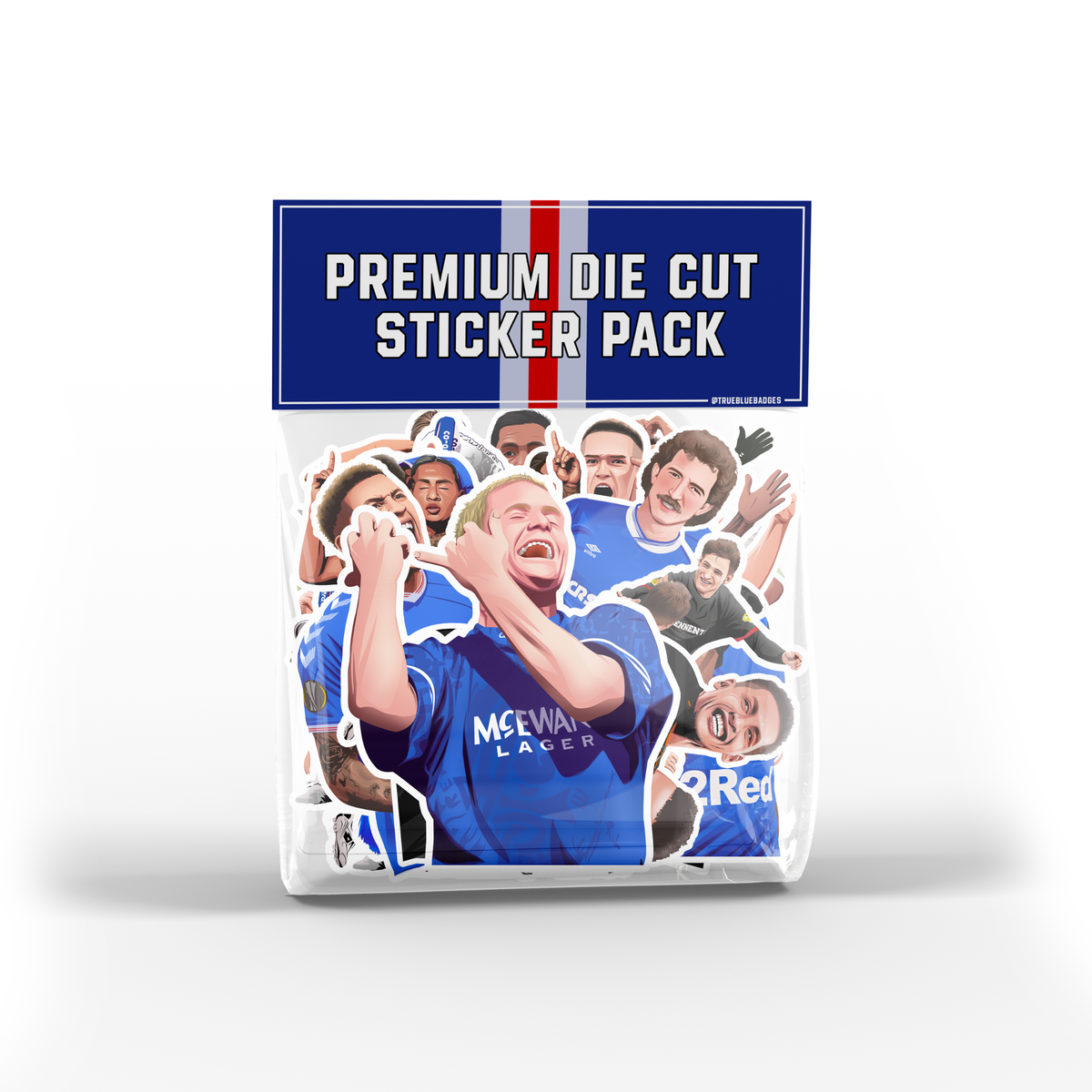 A packaged sticker pack labeled 'PREMIUM DIE CUT STICKER PACK' with a collage of football players in blue Manchester City jerseys, shown on a clean white background.