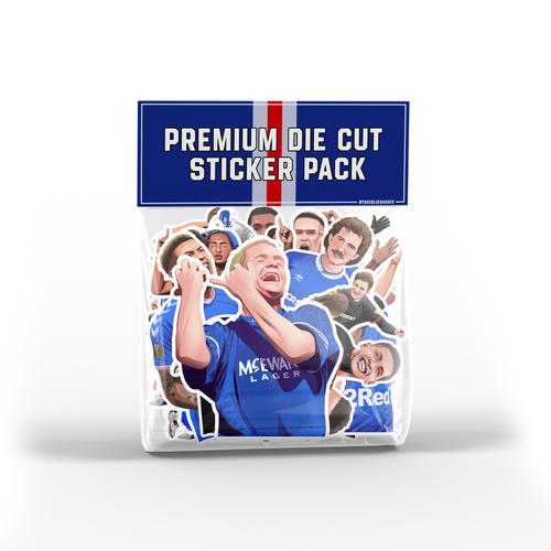A packaged sticker pack labeled 'PREMIUM DIE CUT STICKER PACK' with a collage of football players in blue Manchester City jerseys, shown on a clean white background.