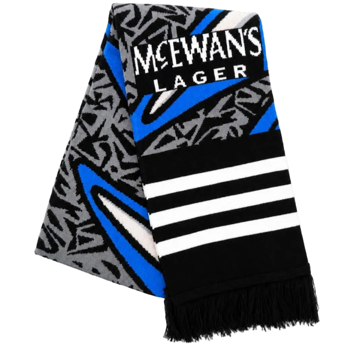 A folded knit scarf with fringe, featuring a black and gray geometric pattern with bright blue accents, three horizontal white stripes on a black section, and 'MCEWAN'S LAGER' printed in white on a black band.