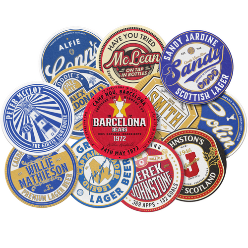 A cluster of overlapping round beer-themed wall art signs or stickers with vintage-style labels and colorful typography on a plain white background.