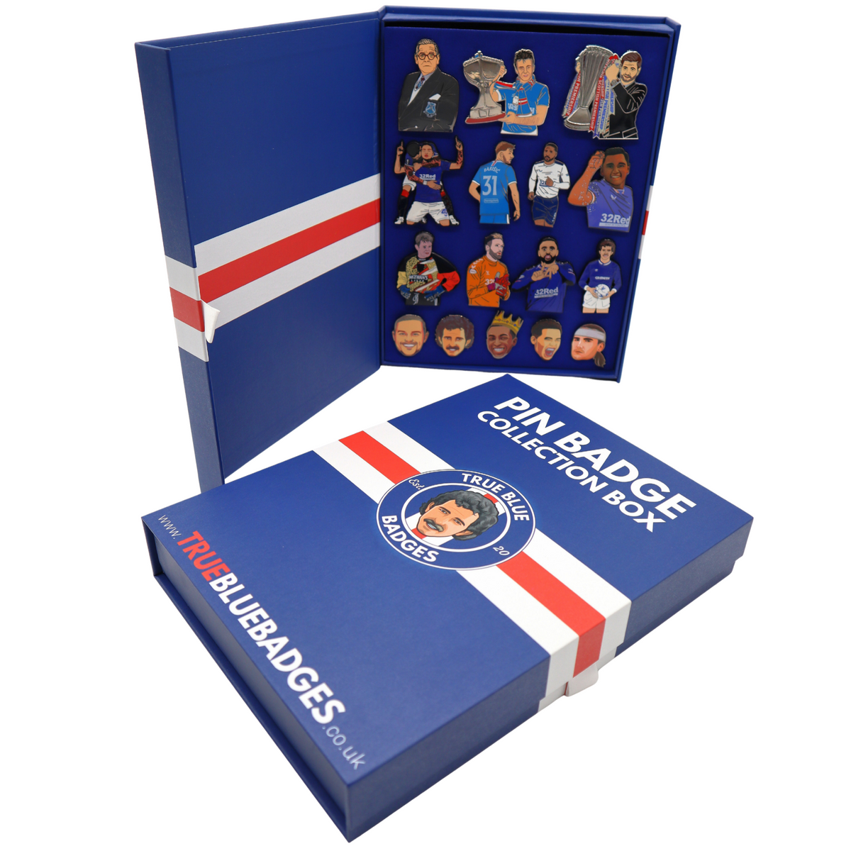 A blue pin badge collection box shown open and closed on a white background. The box features a red and white stripe design and displays a variety of sports-themed enamel pin badges inside.