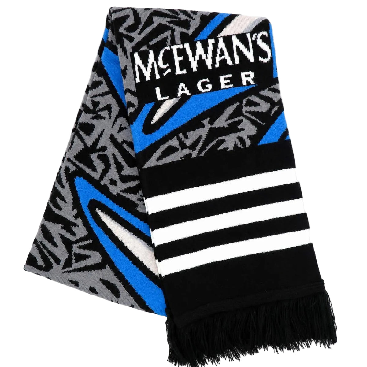 A black and gray patterned scarf with bright blue accents, featuring the text 'MCEWAN'S LAGER' in white, black-and-white stripes, and a fringed end.