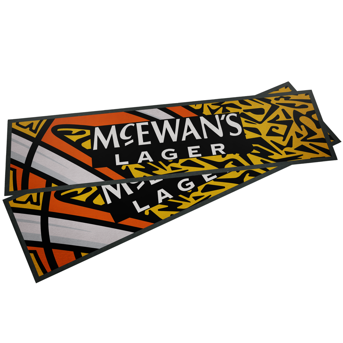 Two overlapping rectangular beer bar runners for McEwan's Lager, featuring a bold black, yellow, orange, and white graphic design with the brand name in large white text.